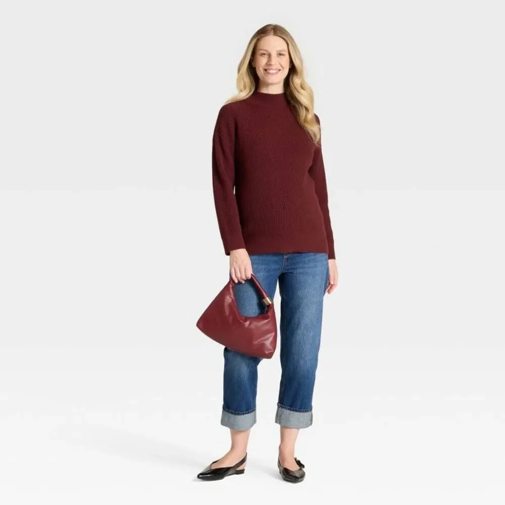 Mock Turtleneck Tunic Maternity Pullover Sweater - Red